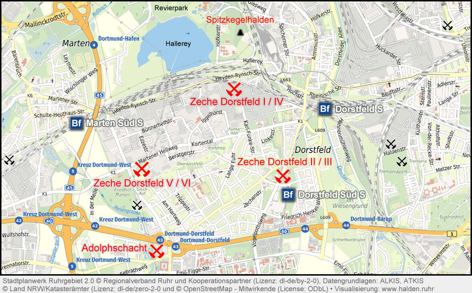 Karte Dortmund Dorstfeld Zeche I:IV und Spitzkegelhalden in der Nähe der Gaststätte Artmann